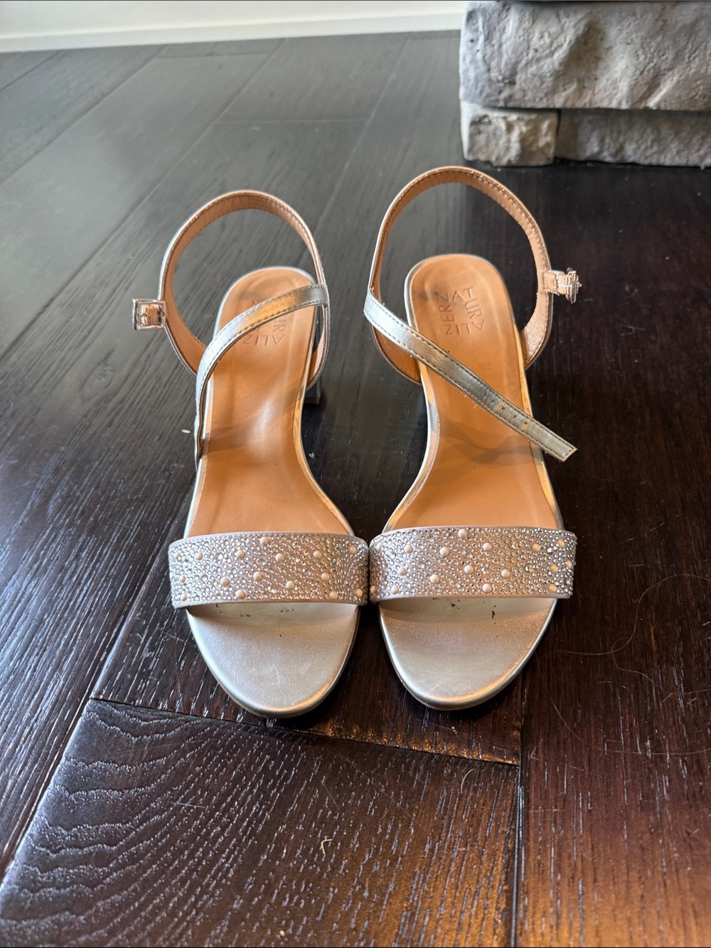 Naturalizer Silver Embellished Open-Toe Ankle-Strap Heels